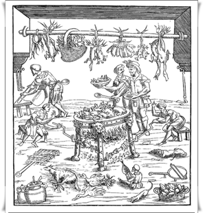 Interno di una cucina italiana, dal libro di cucina di Cristoforo da Messisbugo: Banchetti composizioni di vivande e apparecchio generale, 1549